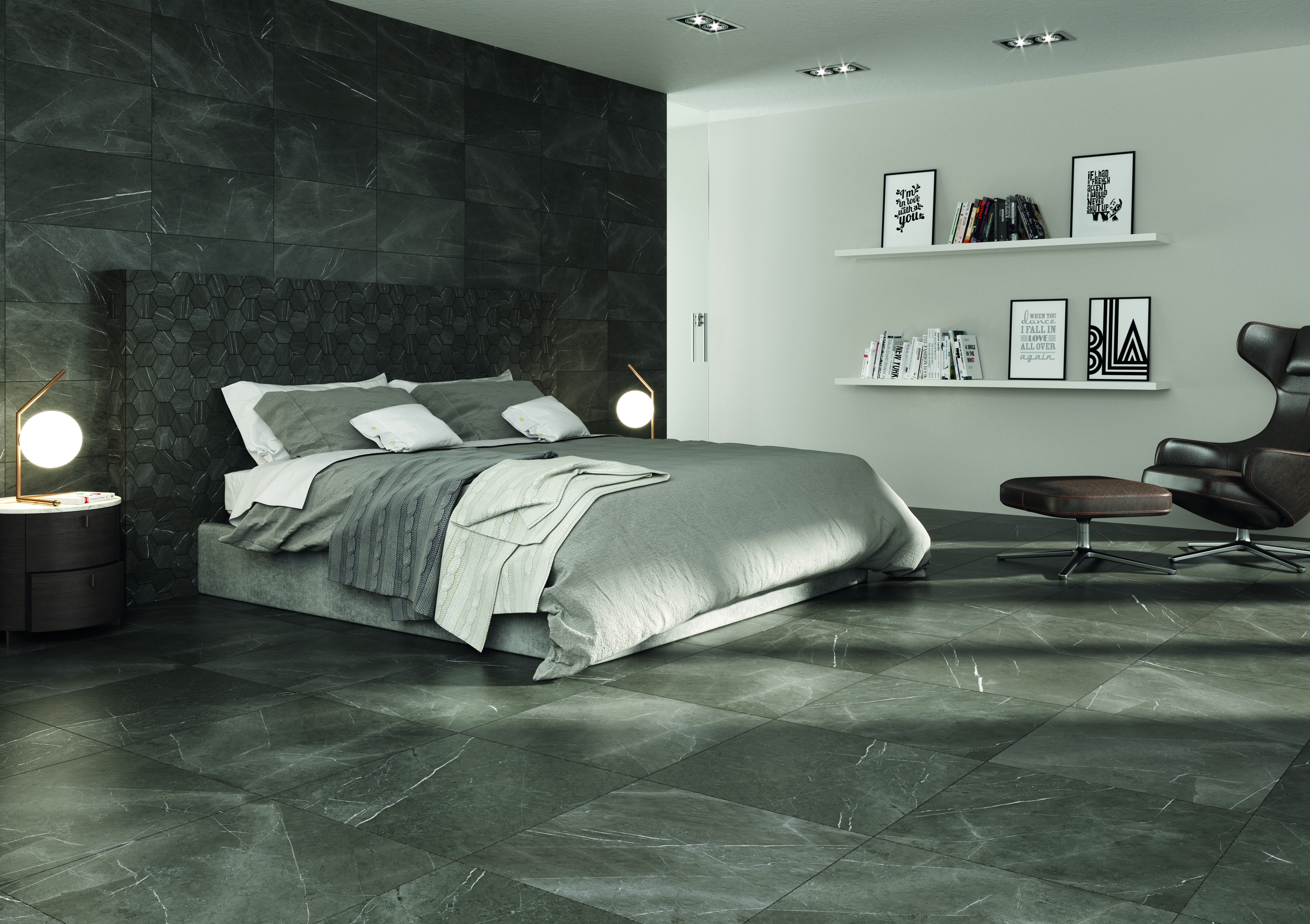 large format black stone look tile with white veins