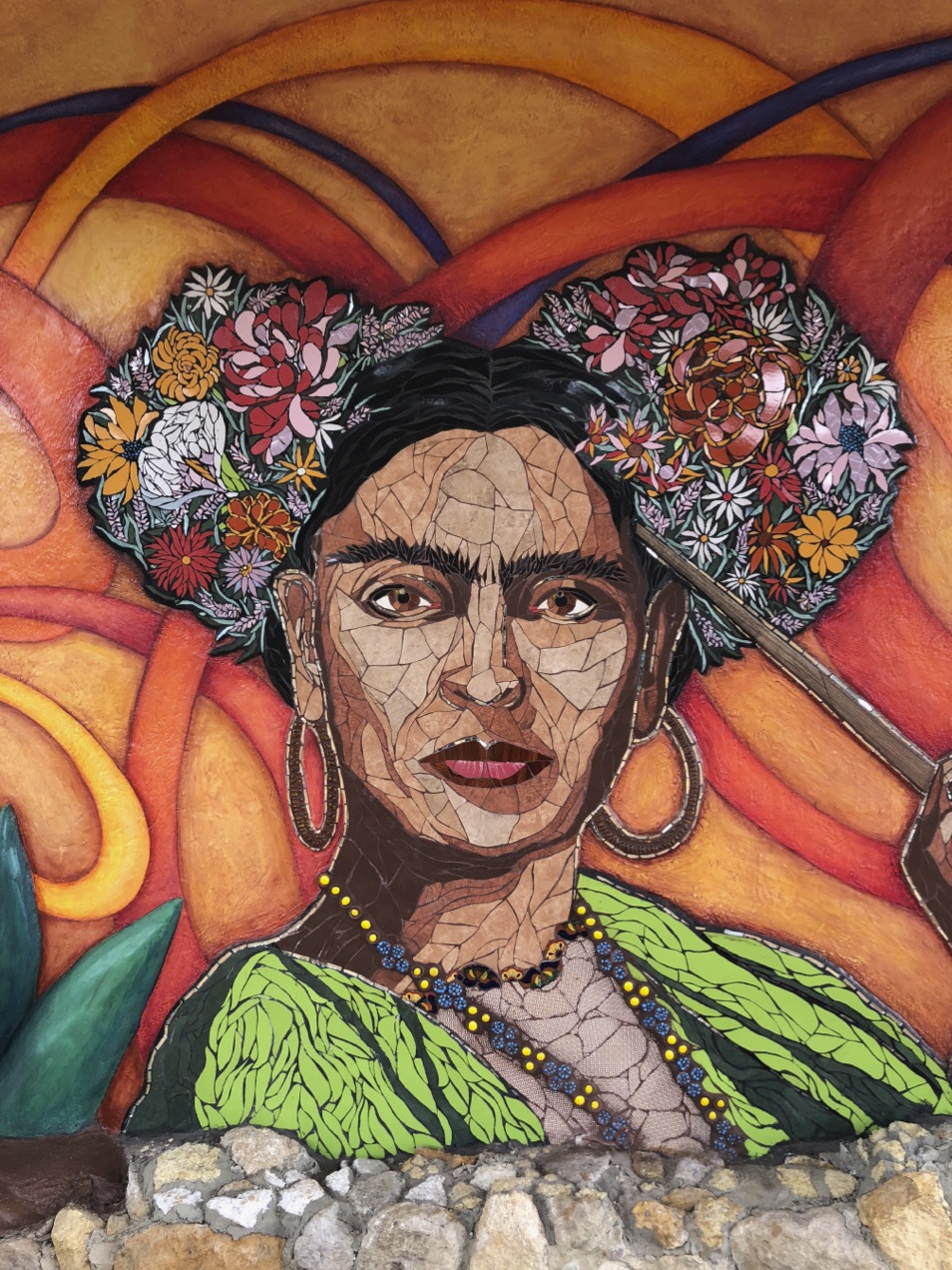 Frida Kahlo mosaic using 5 tones of floor tile