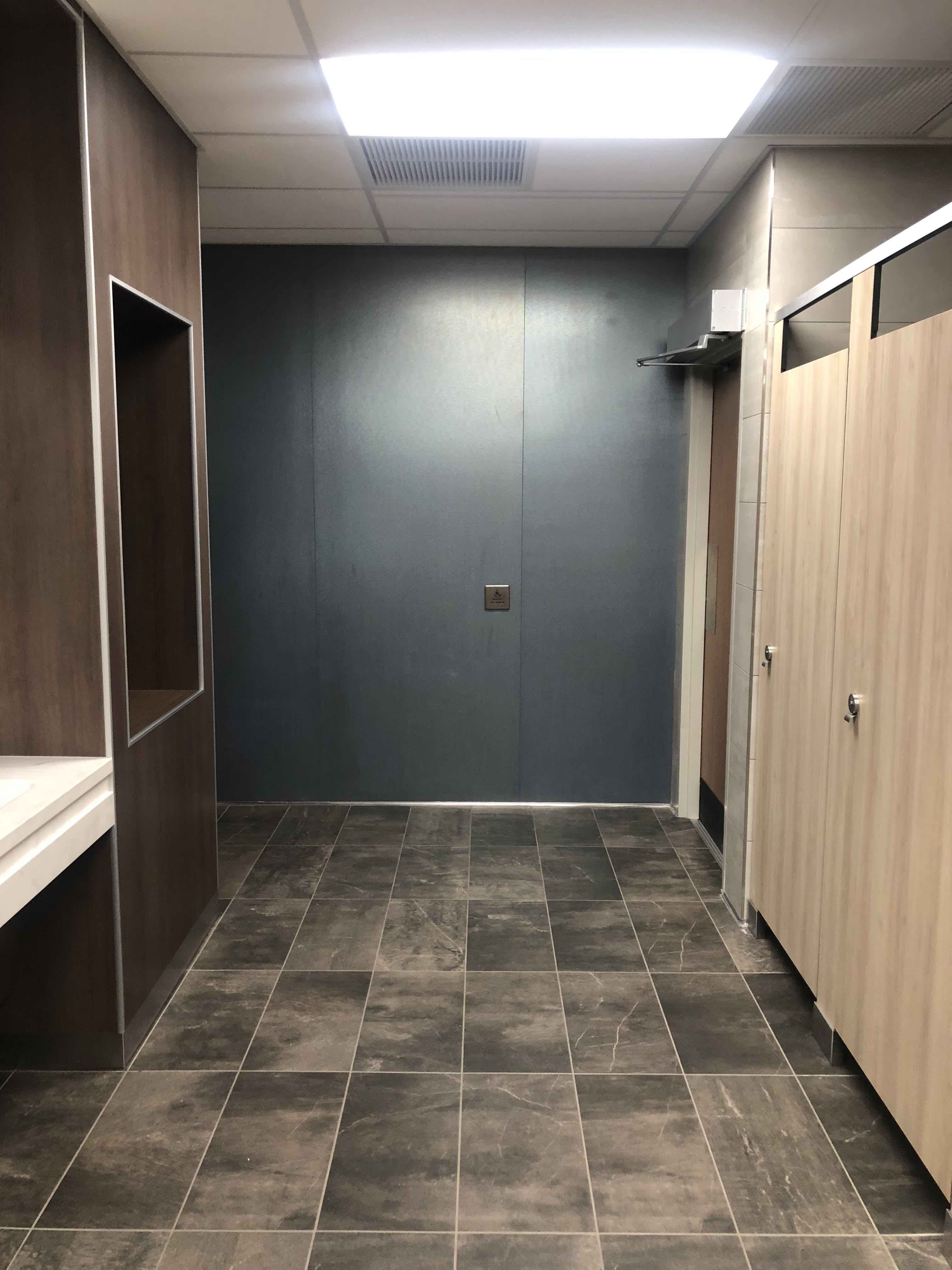 Newly remodeled Kent State University women’s restroom with GPTP.