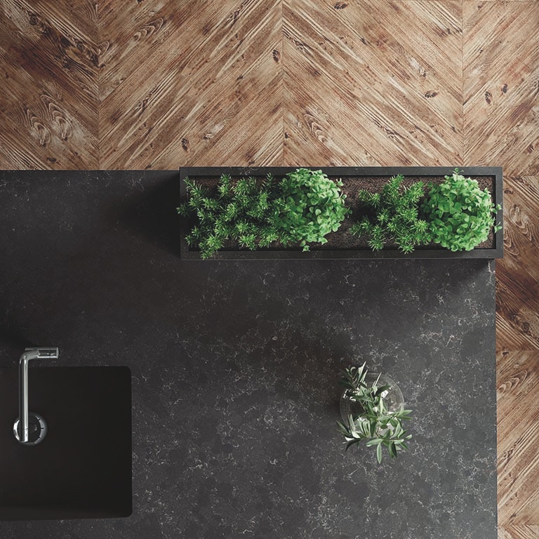 Dark grey counter with plants