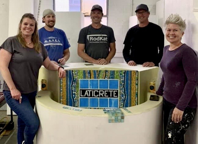 LATICRETE Fountain project with (l. to r.) Angie Halford Ré, Mark Christiansen of Tarkus Tile, Rod Katwyk of Rodkat Products, Luke and Amy Denny of Alpen Tile. 