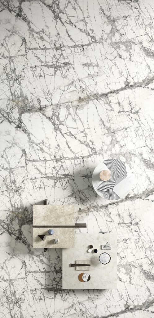 white marble look floor with prominent black veining